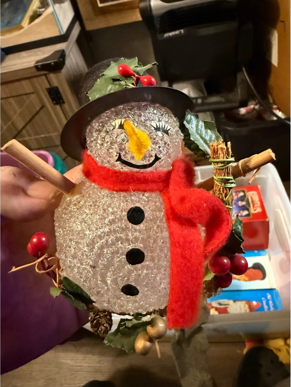 Decorative Frosted Glass Snowman Figurine with Red Scarf and Black Hat